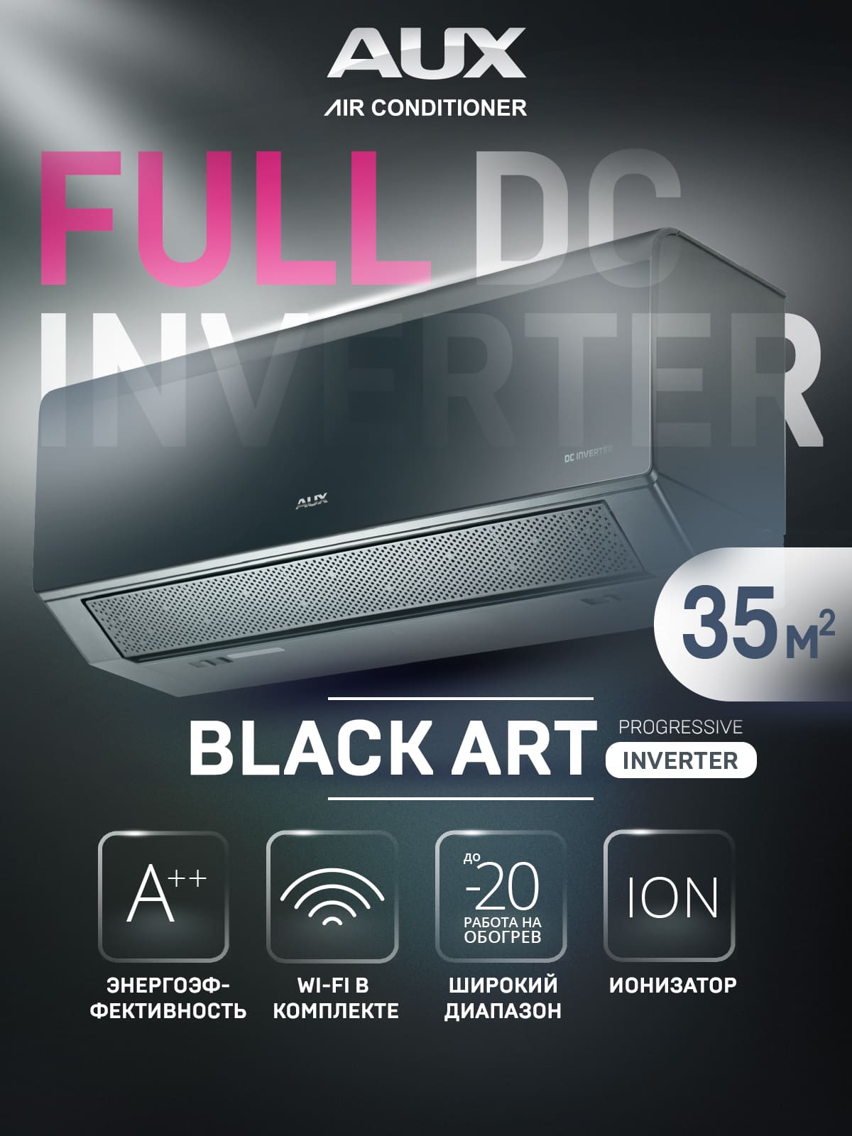 Сплит-система инверторная AUX Black ART Inverter ASW-H12A4/CC-R2DI/AS-H12A4/CC-R2DI, кондиционер до 35 м²