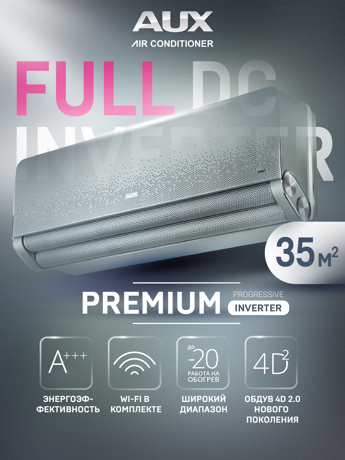 Сплит-система инверторная AUX Premium Inverter ASW-H12A4/AF-R2DI/AS-H12A4/AF-R2DI, кондиционер до 35 м²